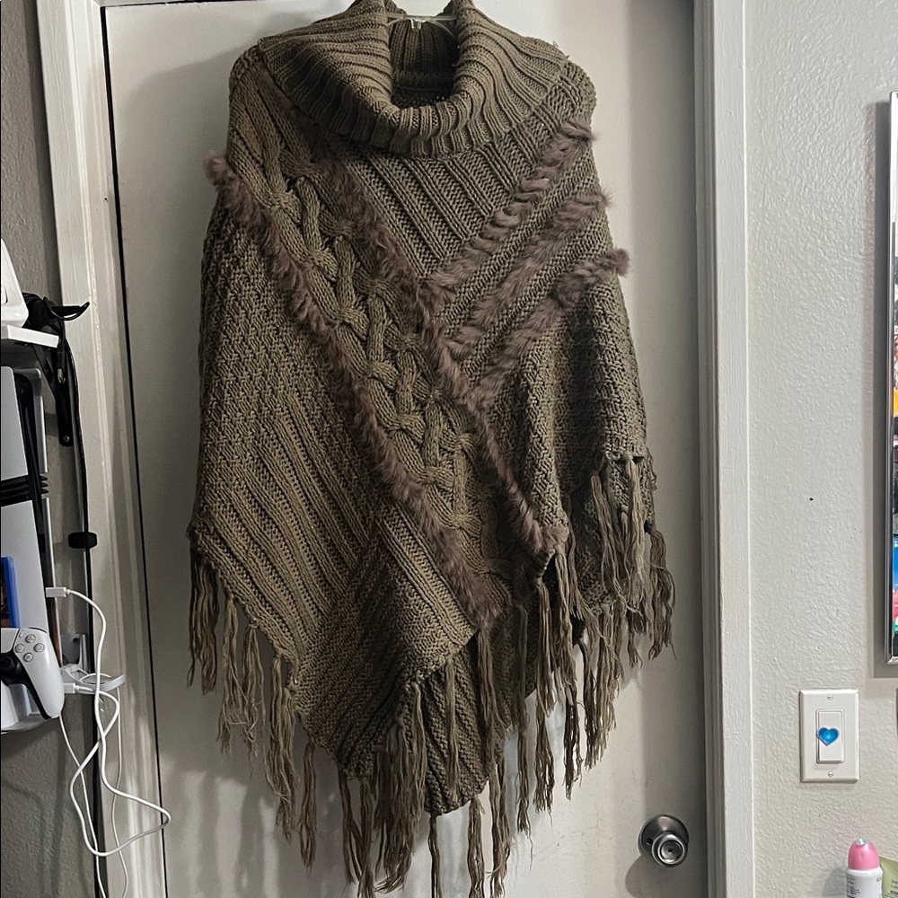 Cozy Brown Knit Poncho with Fringe